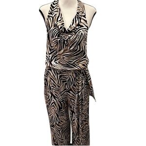 Tart Zebra-Print Cowl Neck Jumpsuit in Black, White & Tan